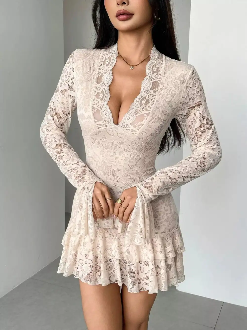 Lace Ruffle Hem Mini Dress