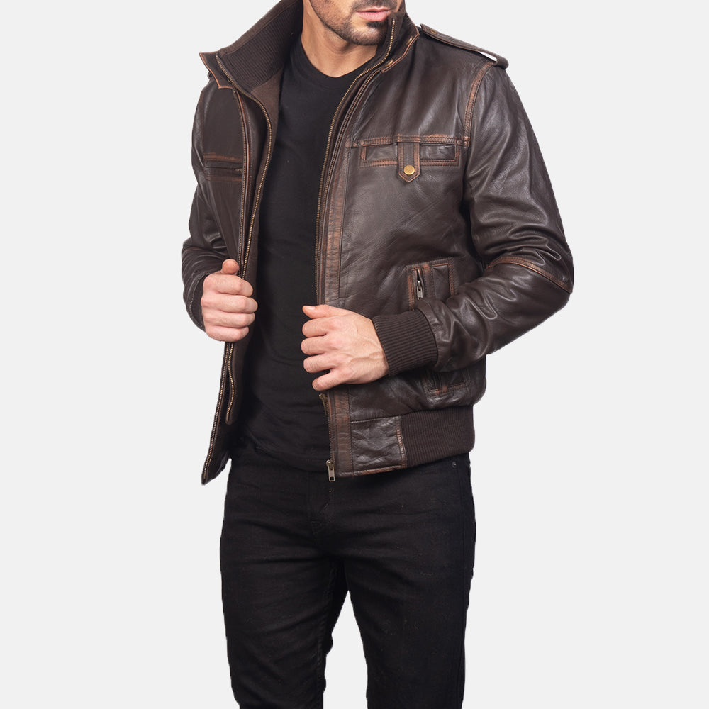 Men's Classic Textured Bomber Leather Jacket