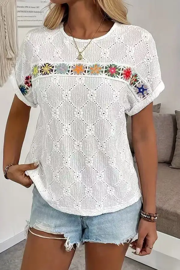 Hollow Patchwork Round Neck Casual Tops