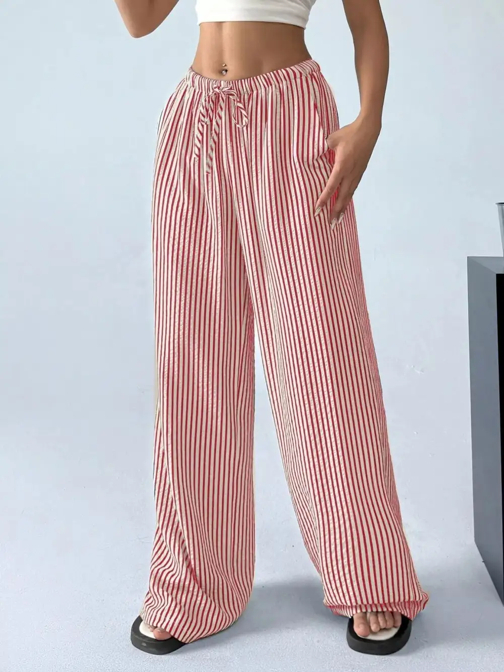 Wide Leg Drawstring Striped Pocketed Pants