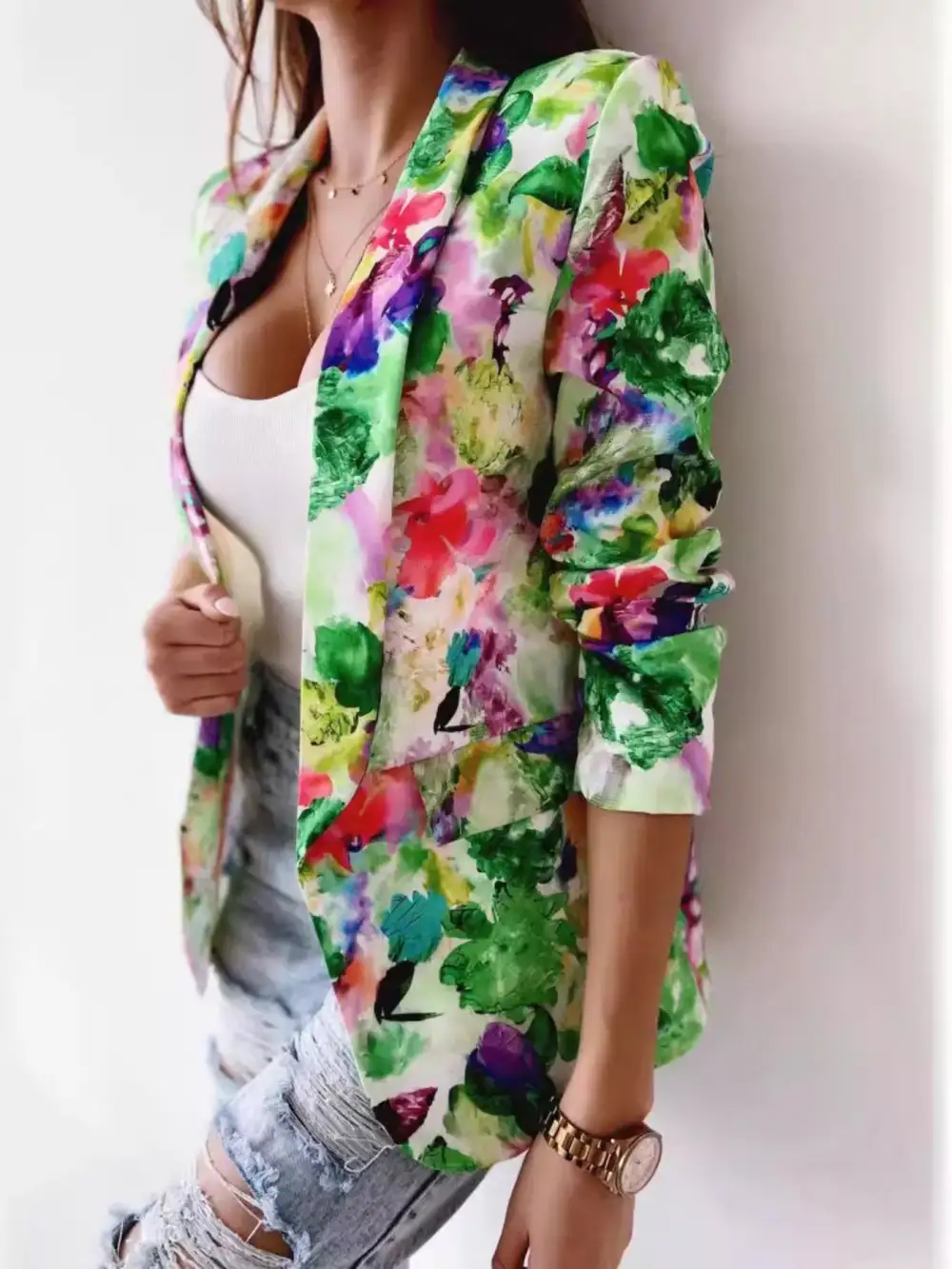 Open-Front Floral-Print Blazer