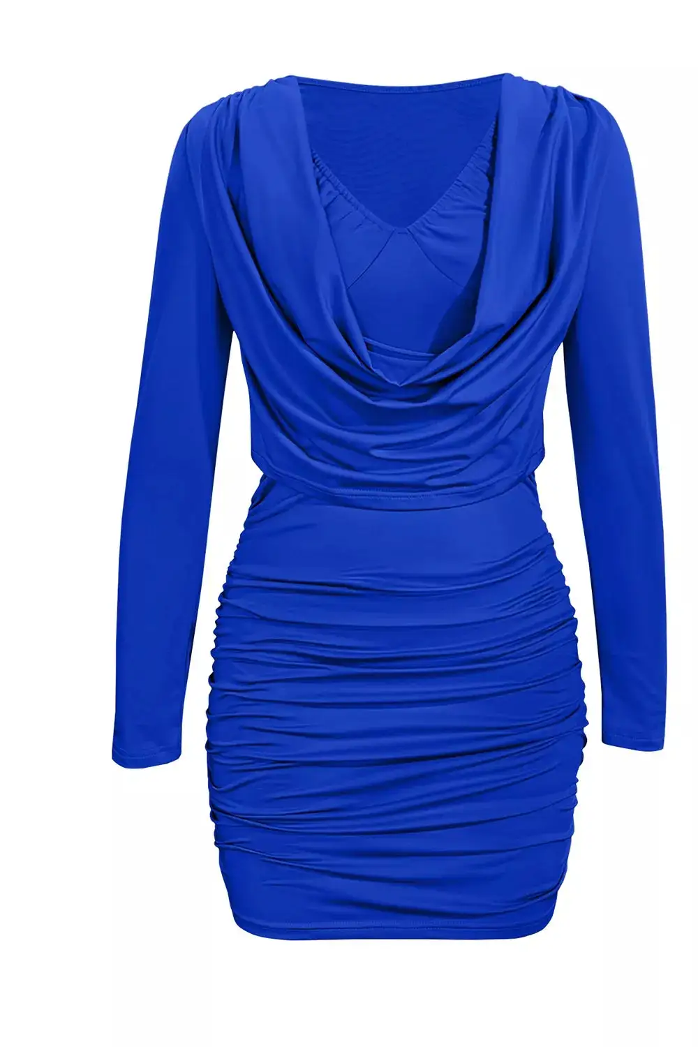 Ruched Cowl Neck Long Sleeve Mini Dress