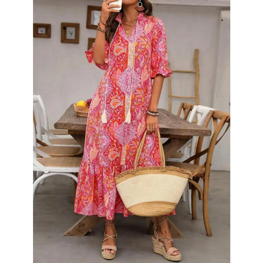 Tie Neck Flounce Sleeve Midi Dress