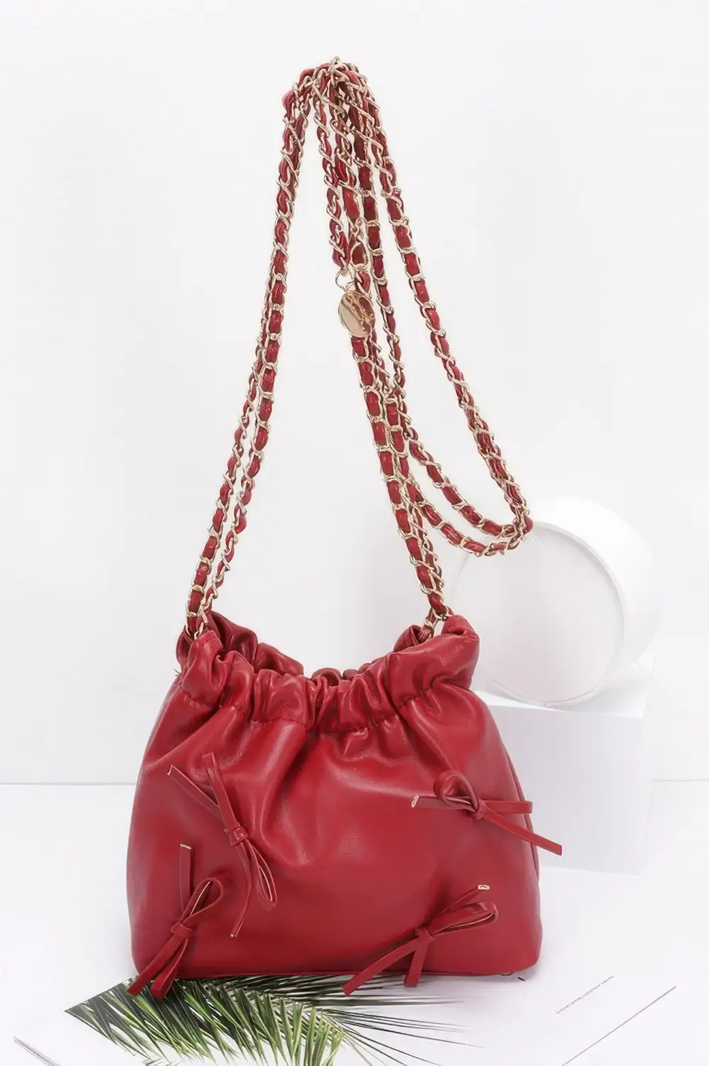 Faux Leather Multi Ribbon Bucket Chaincrossbodybag Crossbody Bag