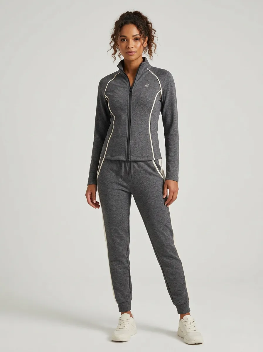 Women's Athletic Fitness Yoga Contrast Piping Zip-up Tracksuit