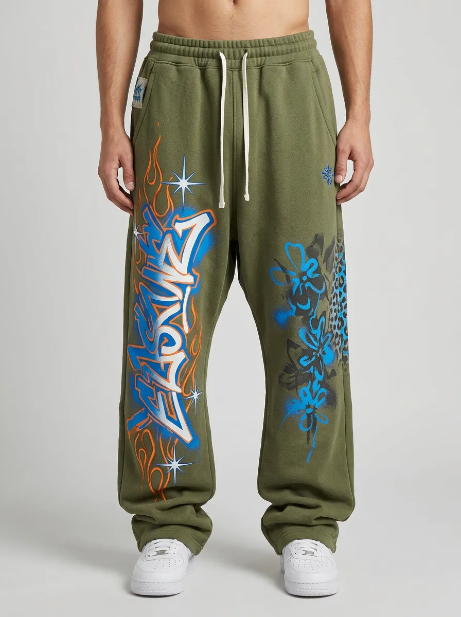 Men's Streetwear Graffiti Flame Floral Printed Sweatpants