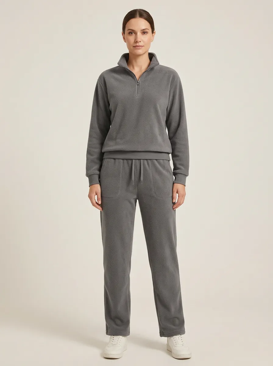 Women's Quarter-Zip Pullover And Patch-Pocket Straight-Leg Fleece Lounge Set