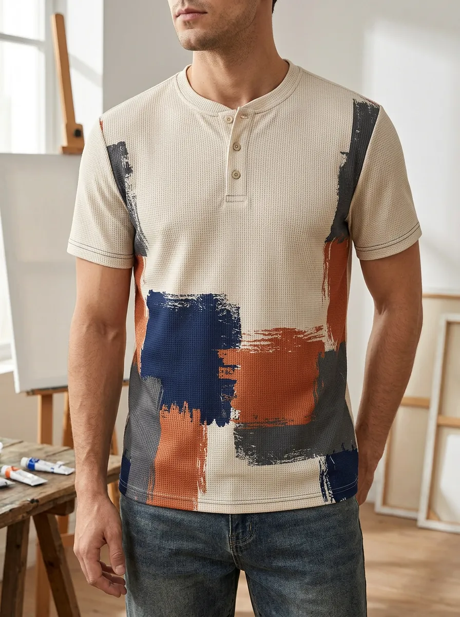 Men's Classic Abstract Brushstroke Print Waffle Knit Henley T-Shirt
