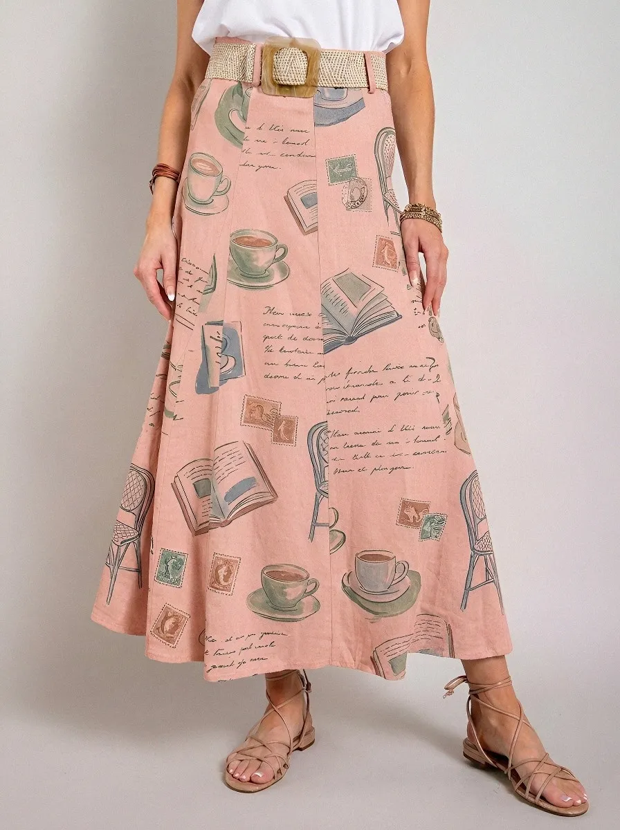 Women's Book Coffee Lover Vintage Script Printed Midi Skirt