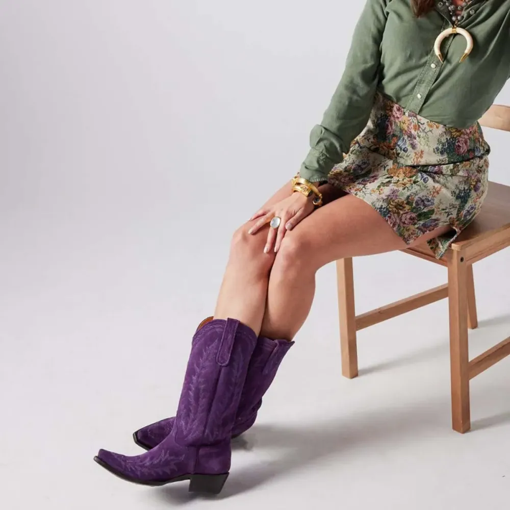 Faux-Suede Embroidered Pointed-Toe Snip-Toe Mid-Calf Boots