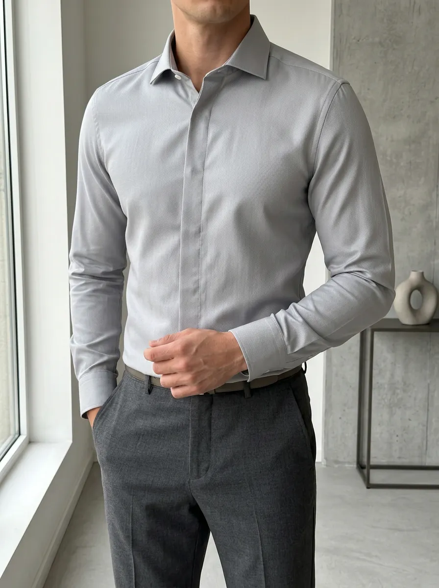 Men's Slim Fit Solid Grey Long Sleeve Button Up Shirt
