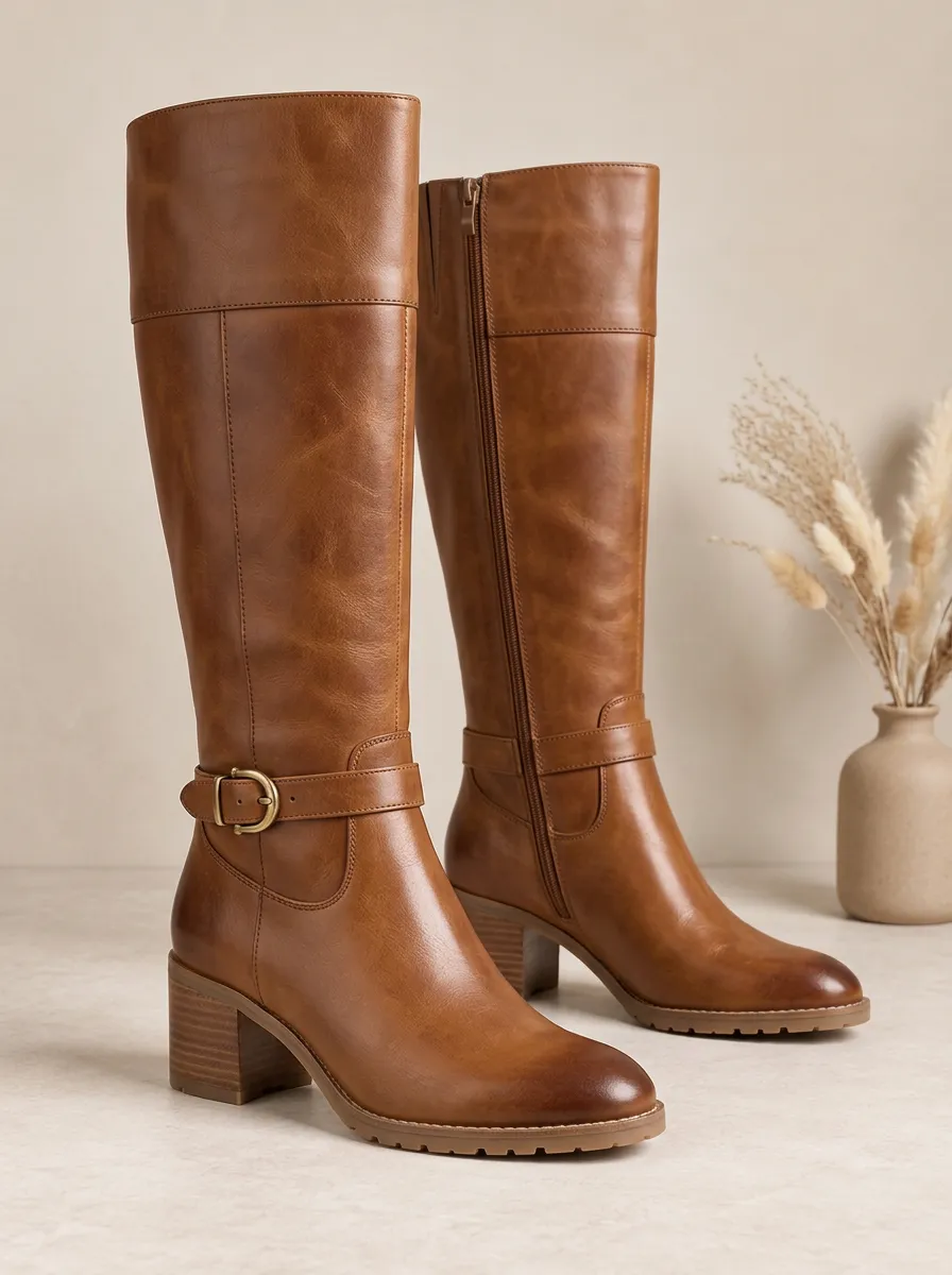 Women's Trail Ready Buckle Strap Graphic Detail Knee High Boots