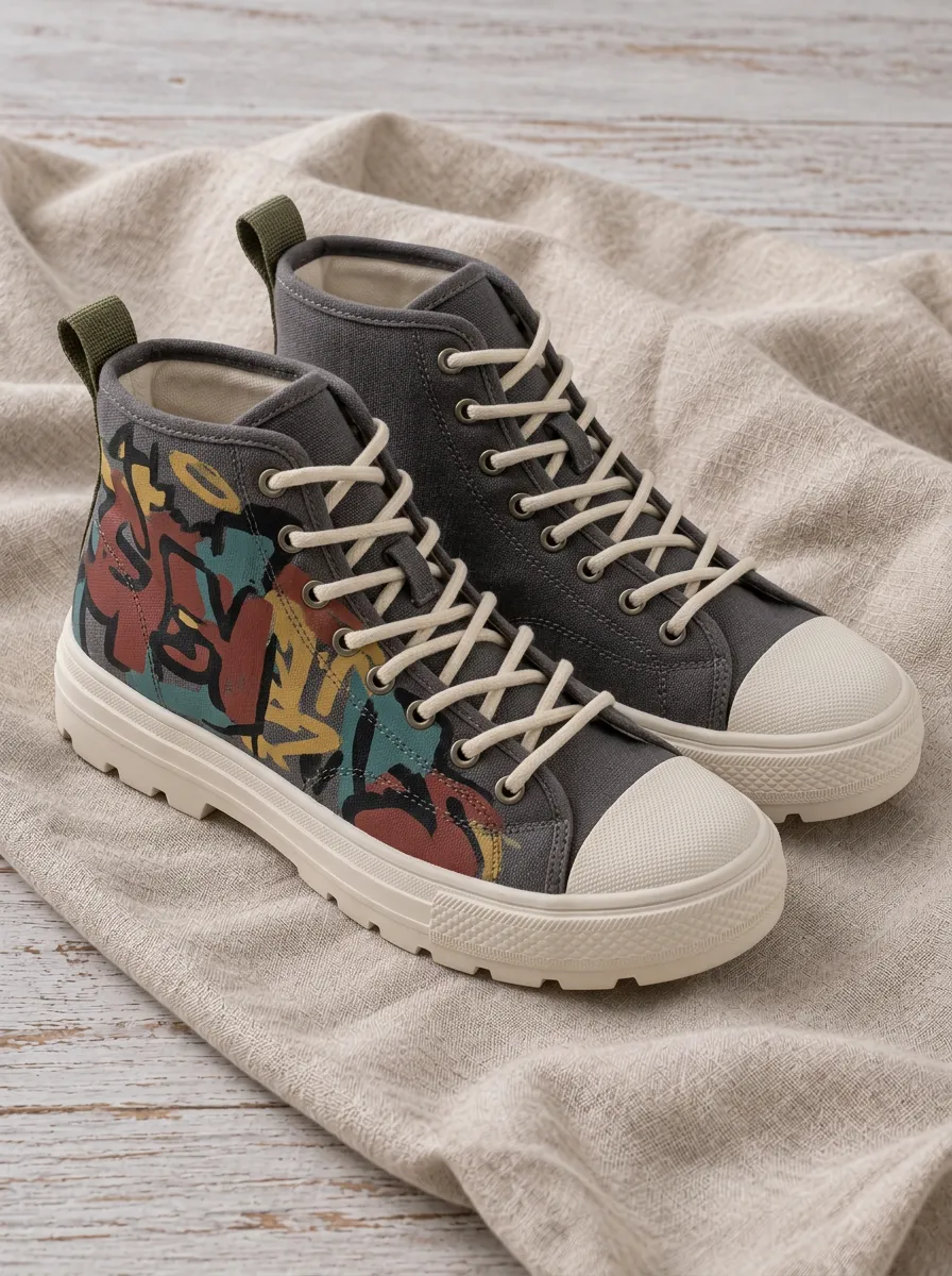 Men's Streetwear Graffiti Art Printed Canvas High-top Shoes