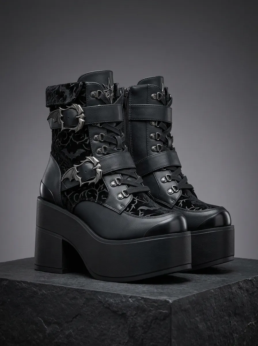 Witchy Bat Buckle Finish Women's Gothic Platform Boots