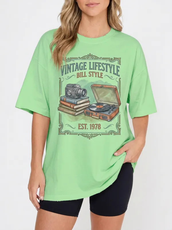 Women's Vintage Lifestyle Camera Record Player Printed T-Shirt