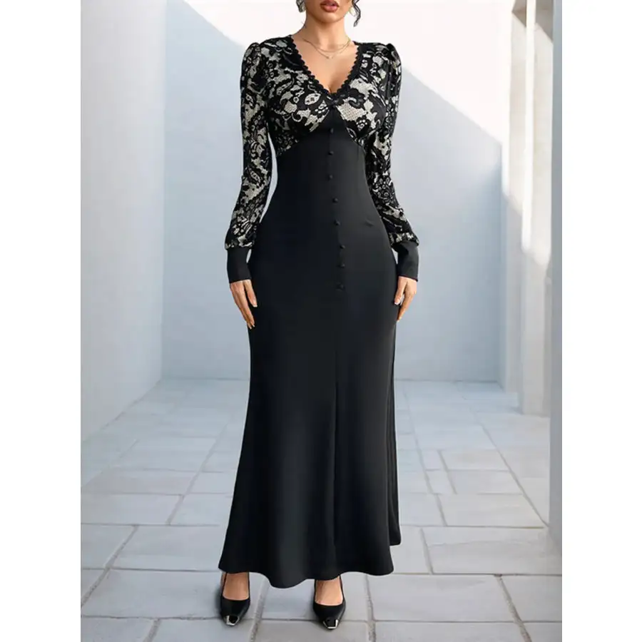 Lace V Neck Long Sleeve Maxi Dress