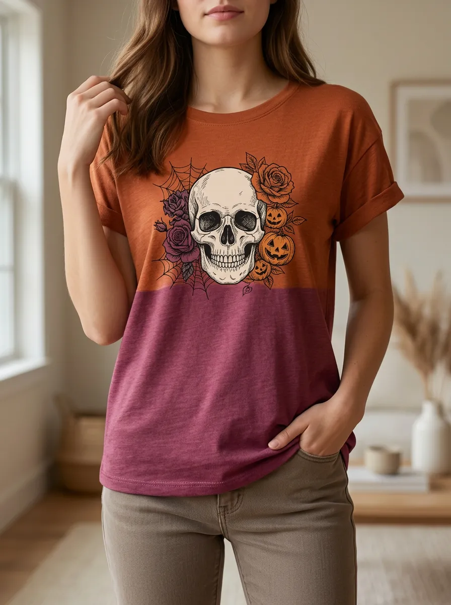 Women's Halloween Skull Rose Pumpkin Web Printed T-shirt