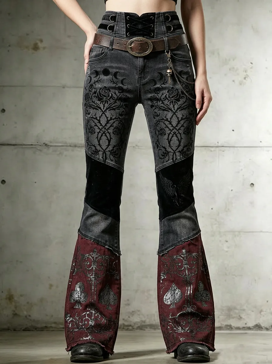 Dark Rose Moon Spade Silhouette Women's Gothic Flare Pants
