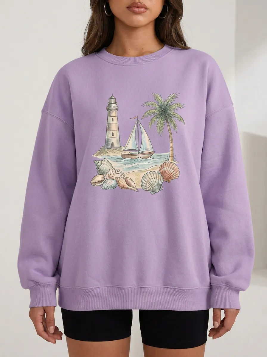 Women's Coastal Beach Lover Lighthouse Sailboat Seashells Printed Sweatshirt