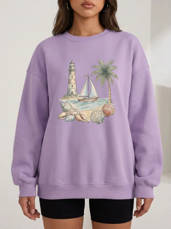 Women's Coastal Beach Lover Lighthouse Sailboat Seashells Printed Sweatshirt