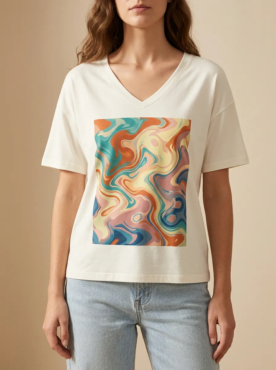 Women's Abstract Art Lover Colorful Swirl Printed V-Neck T-Shirt