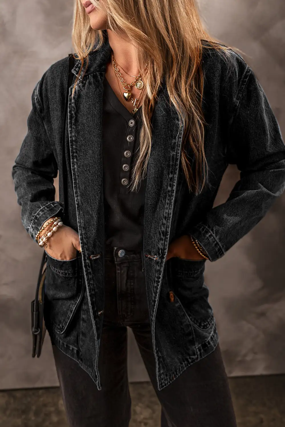 Lapel-Collar Collared Denim Pocketed Jacket