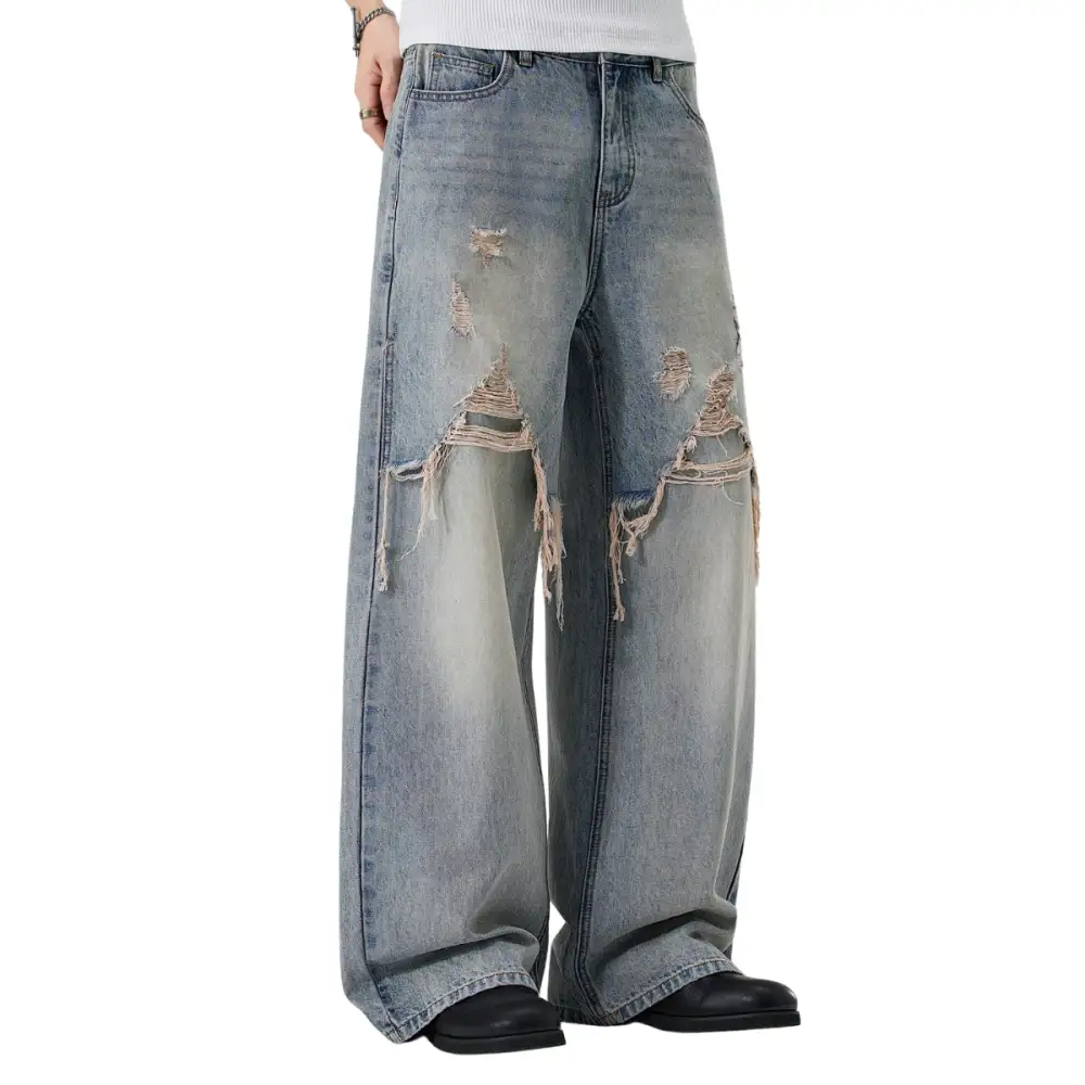 Wide Leg Baggy Distressed Denim Jeans