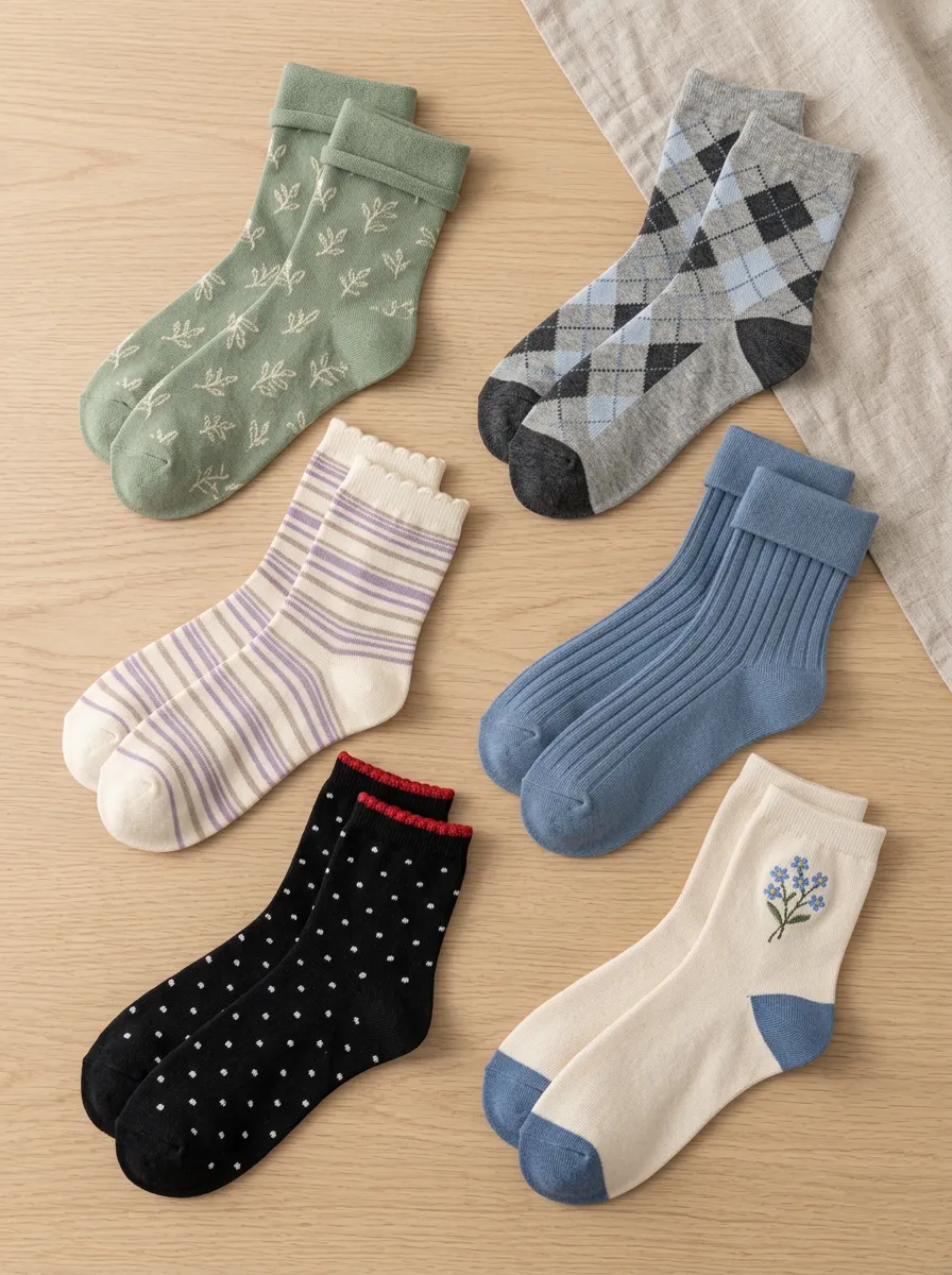 Women's Vintage Style Floral Argyle Striped Polka Dot Printed Socks Set
