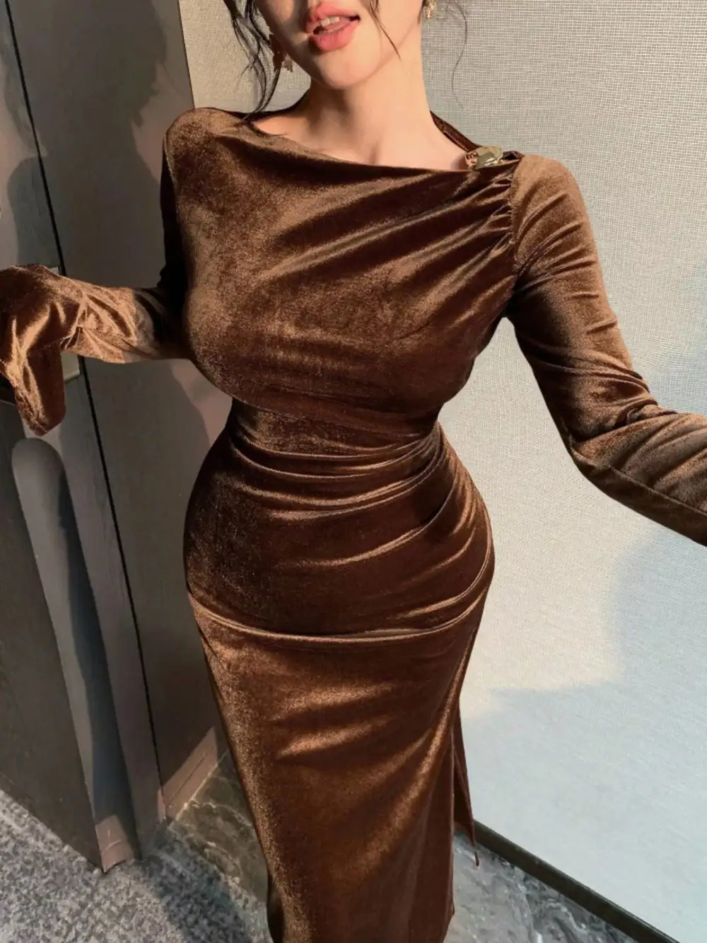 Velvet Ruched Midi Dress