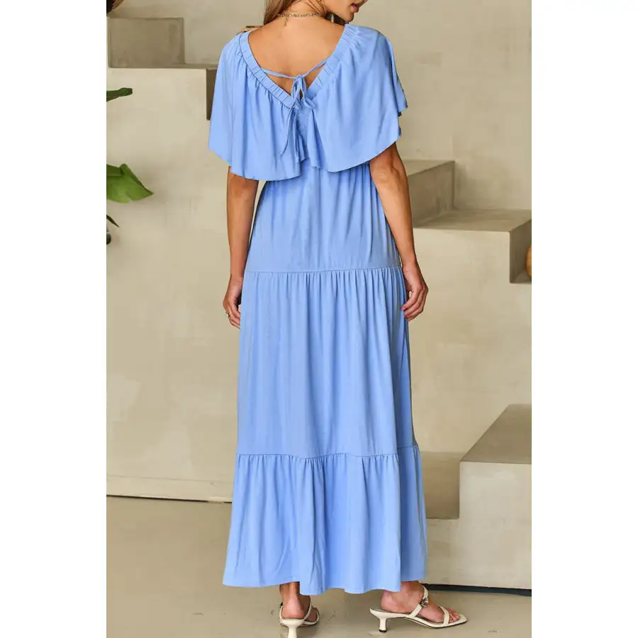 Ruffled V Neck Flutter Sleeve Maxi Dress
