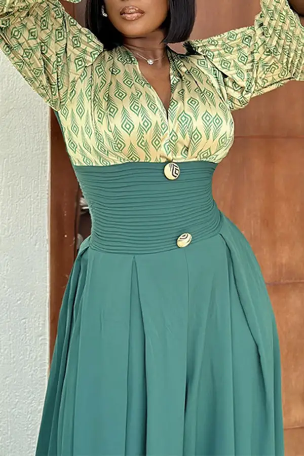 Geometric Print Wide-Leg Bell Sleeve Jumpsuit