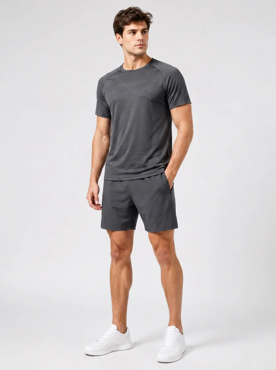 Men's Textured Geometric Printed Gym Set