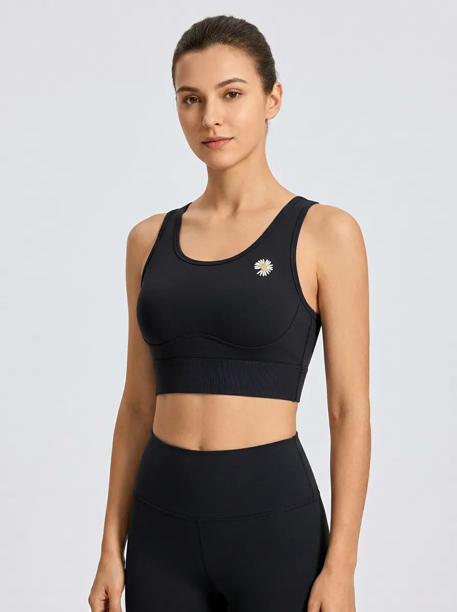 Women's Daisy-Graphic Scoop-Neck Ribbed Left-Chest Wide-Strap Cropped Sports Bra