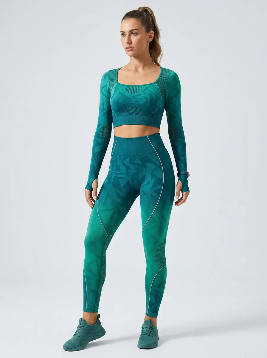 Women's Teal Geometric Pattern Seamless Two-Piece Set