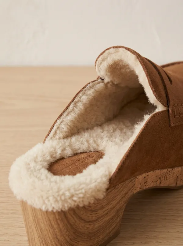 Women's Utility Faux Fur Lined Platform Clog Style Suede Wood Sole Loafers