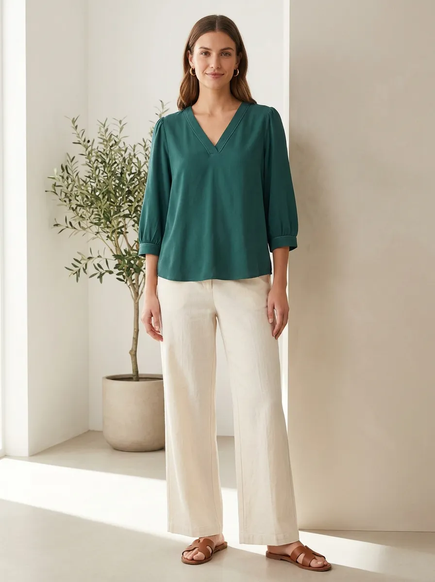 Short-Sleeve Puff-Sleeve Relaxed Women's V-Neck Casual Lounge Set