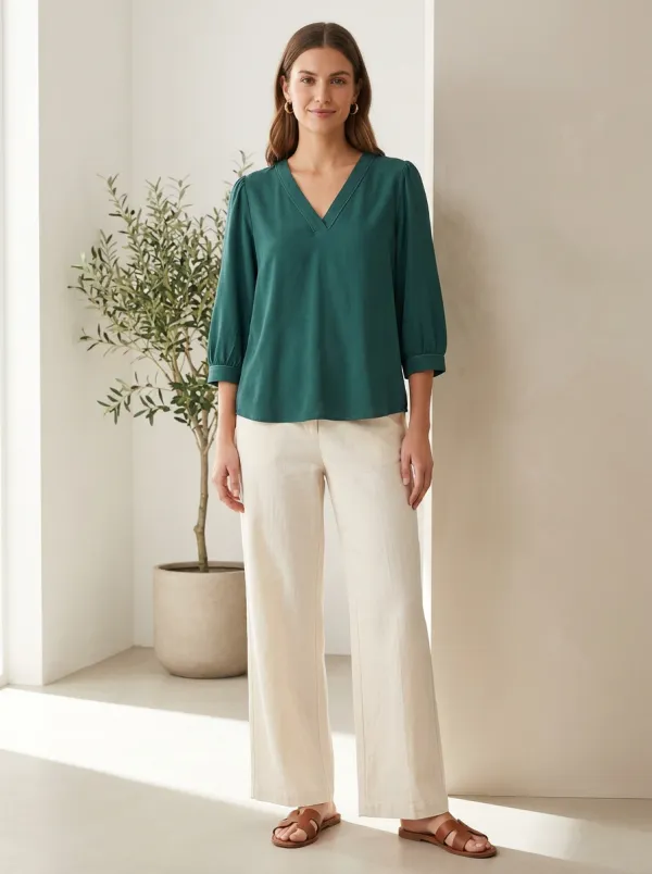 Short-Sleeve Puff-Sleeve Relaxed Women's V-Neck Casual Lounge Set