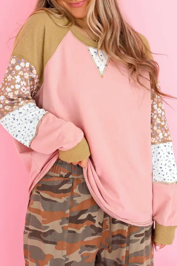 Floral Print Waffle Knit Relaxed Long Sleeve Top