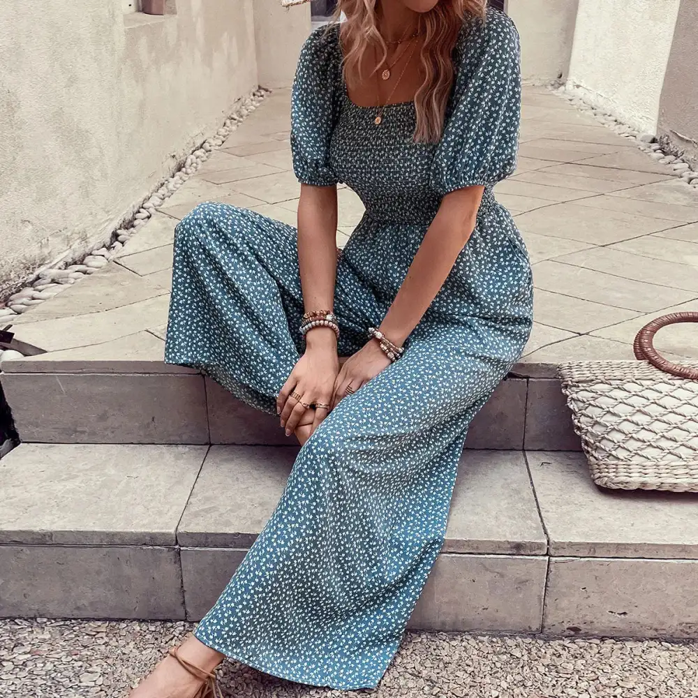 Printed Square Neck Puff Sleeve Everyday Jumpsuit