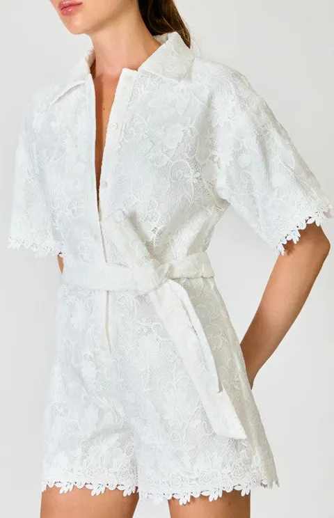 White Lace Trim Belted Romper