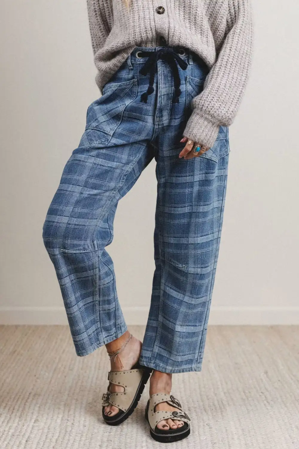 Women's Plaid Denim Grommet Drawstring Waist Ankle Length Jeans