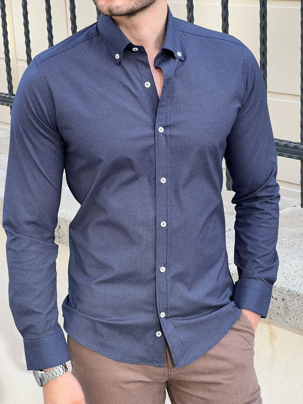 Classic Button Collar Patterned Slim Fit Cotton Casual Shirt