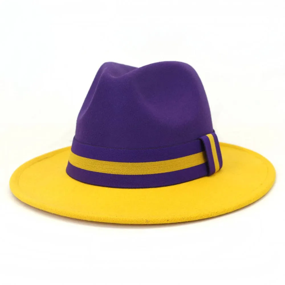 Purple and Yellow Flat Brim Straight Edge Jazz Hat