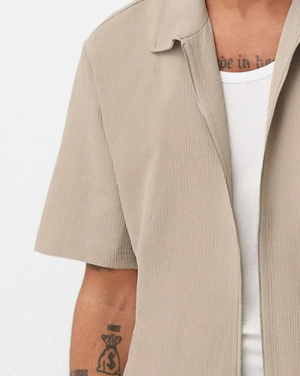 Zip Through Cotton Shirt In Khaki