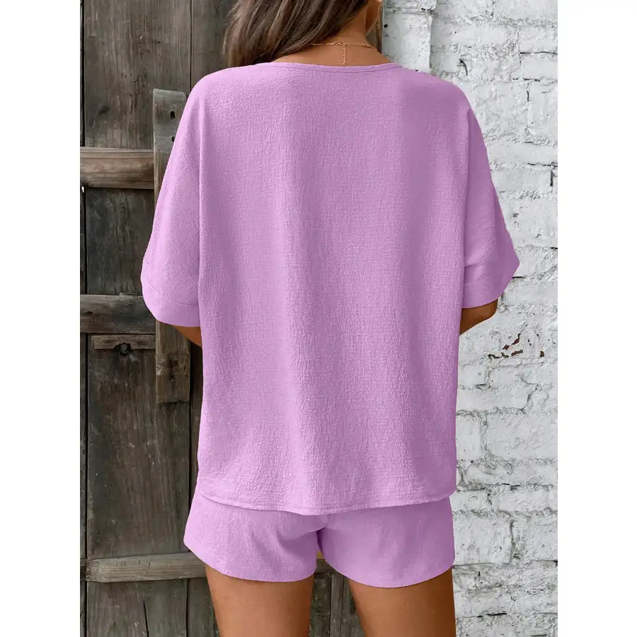 Relaxed Fit V Neck Top and Shorts Two Piece Set