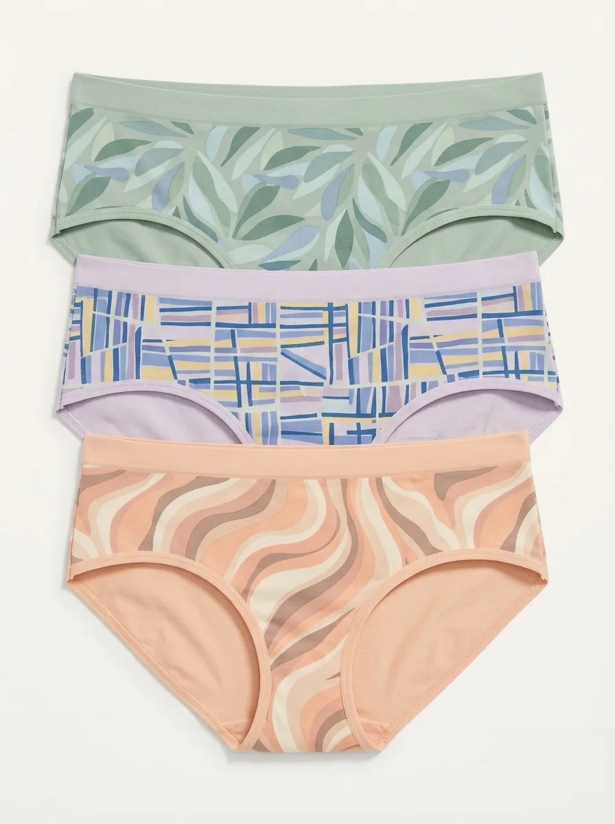 Women's Botanical Geometric Wavy Printed Three-Pack Panties