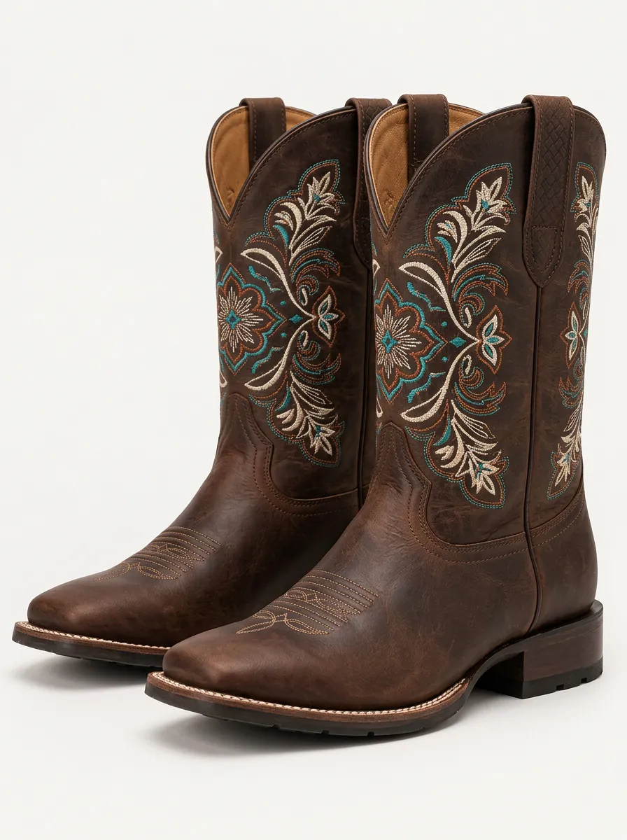 Men's Brown Cowboy Boots with Floral Detail and Embroidered Detail