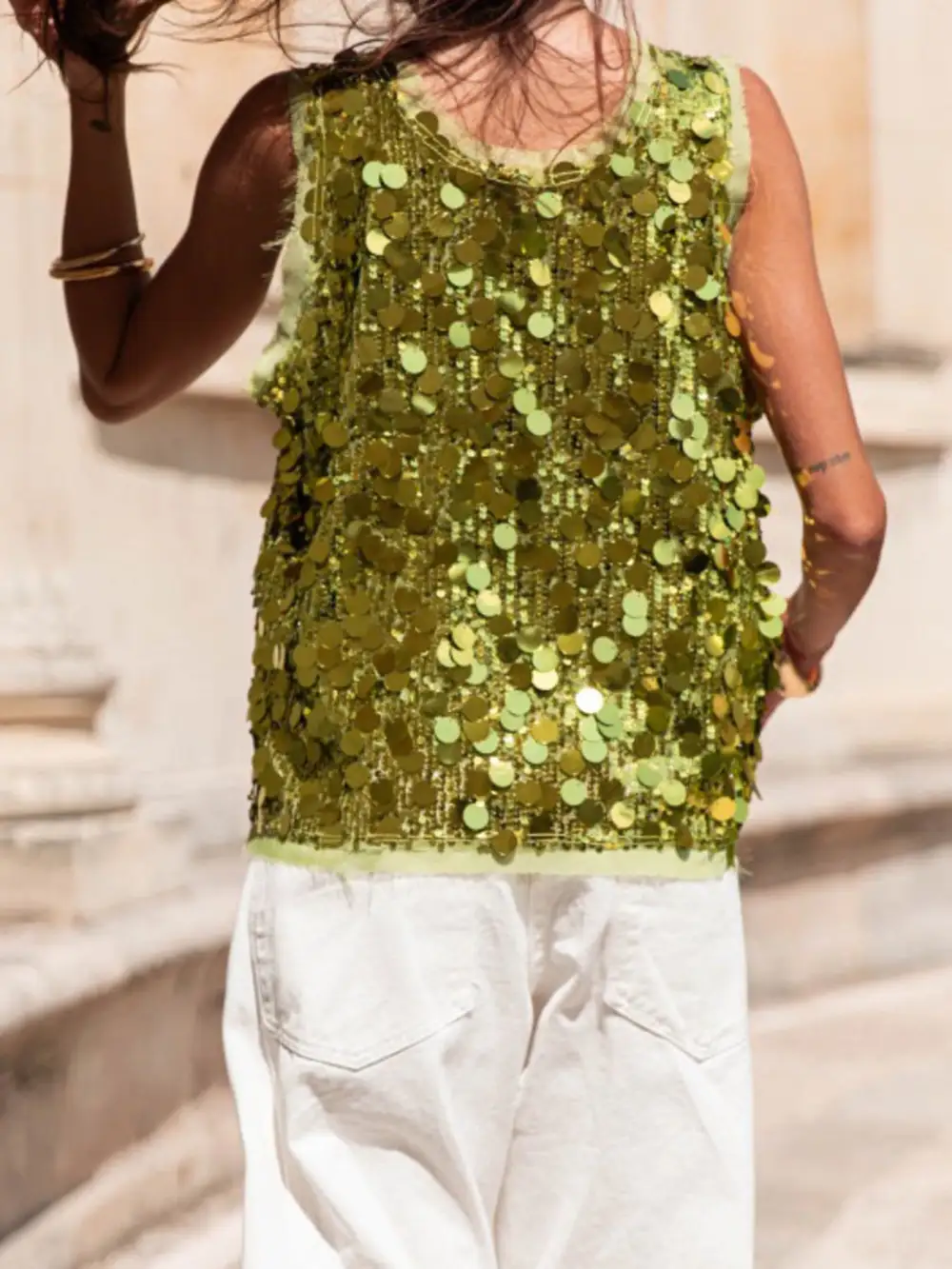 Round-Neck Sequined Tank Top