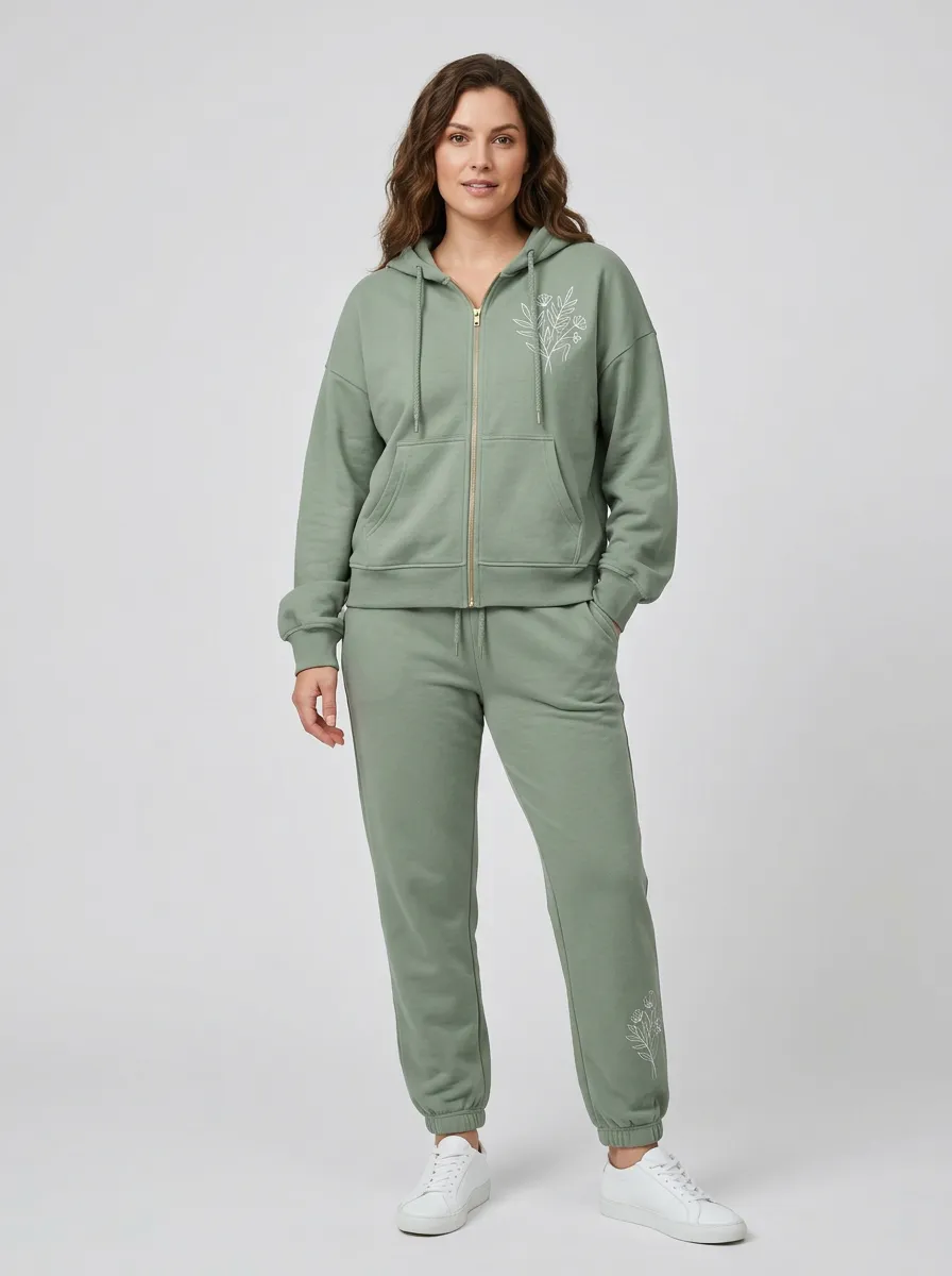 Women's Sage Green Floral Line Art Embroidered Relaxed Fit Zip-Up Hoodie Jacket & Jogger Set