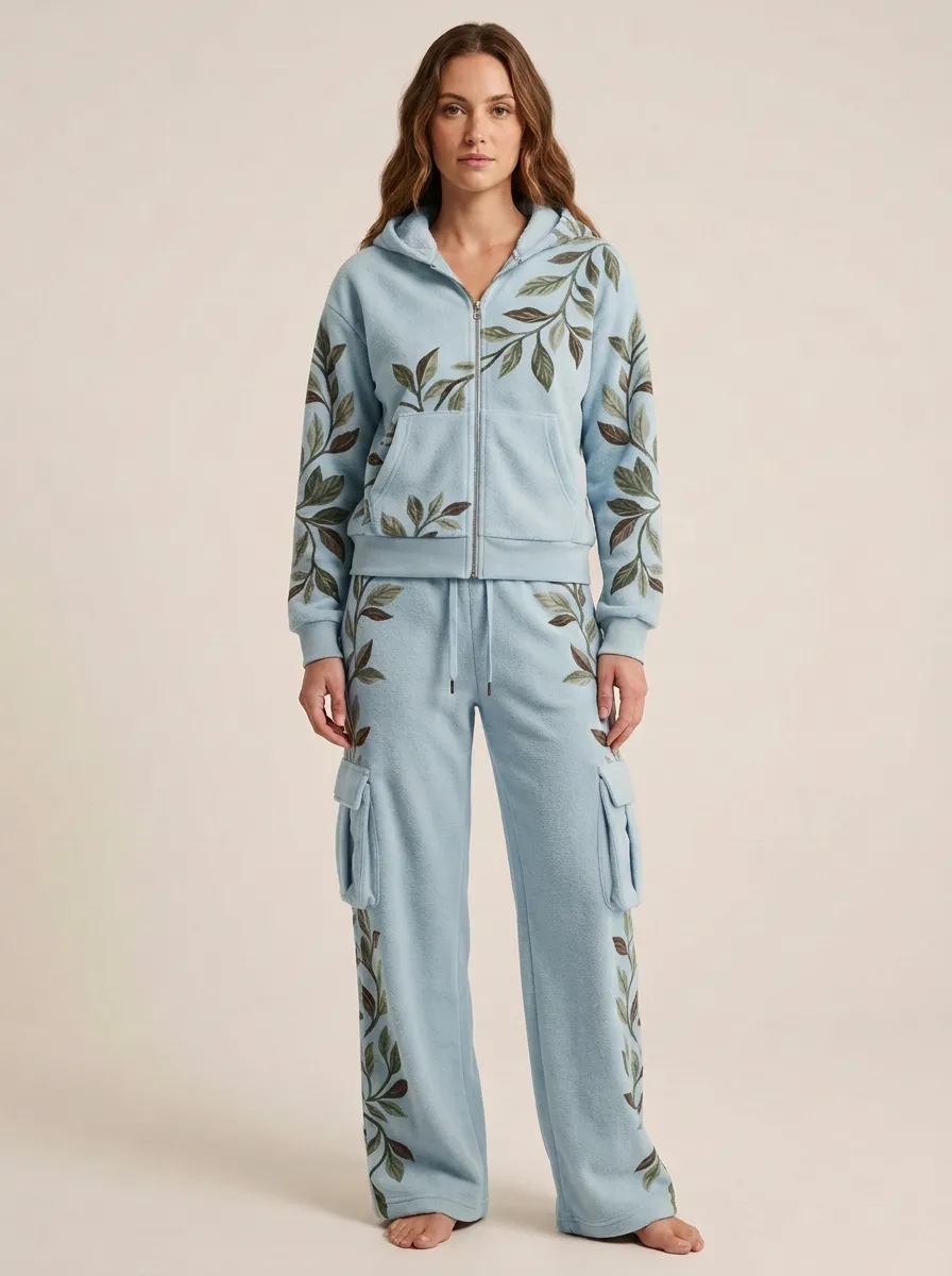 Women's Leaf-Print Fleece Zip-Up Hoodie And Cargo Pant Set